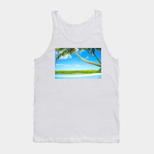 Tropical island lagoon with swinging palms trees Tank Top